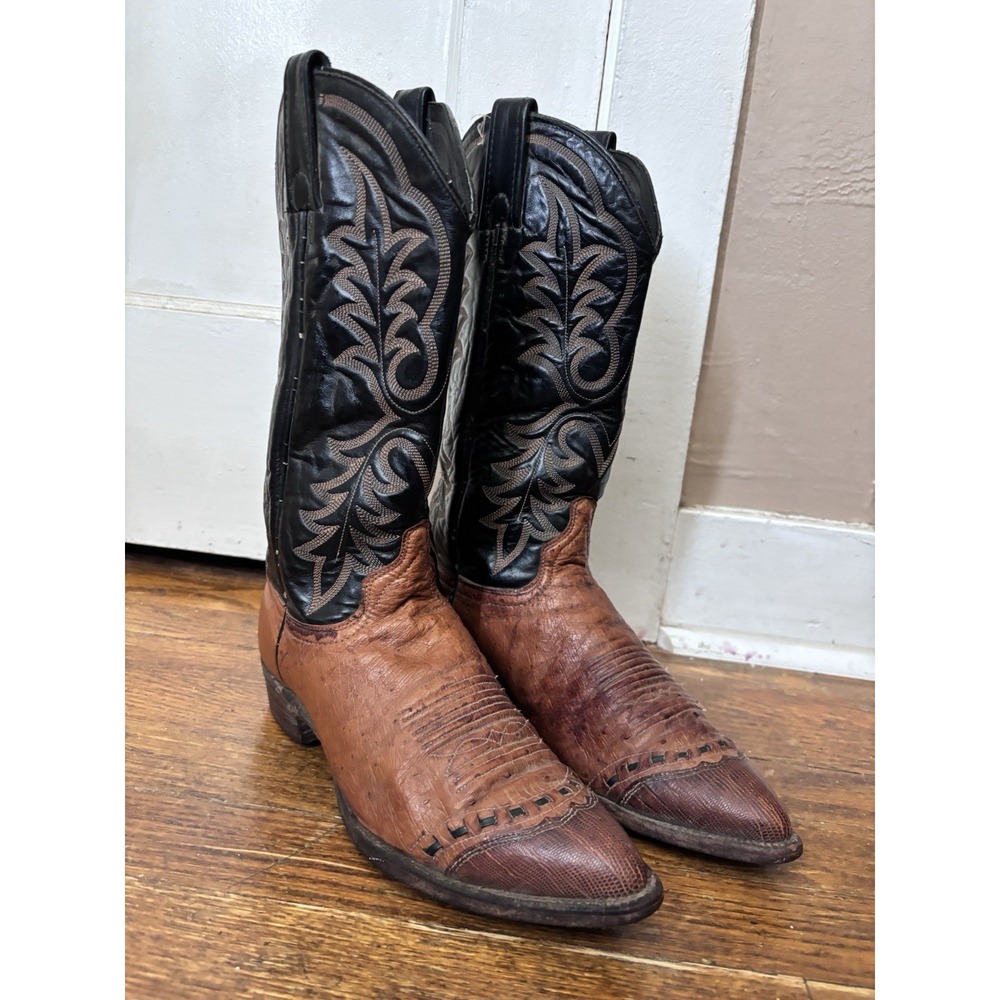 J. Chisholm Cowboy Boots Brown Ostrich Leather Mens 9 D Rodeo Western Vintage